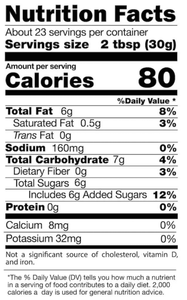 Nutrition facts label with 80 calories per serving.